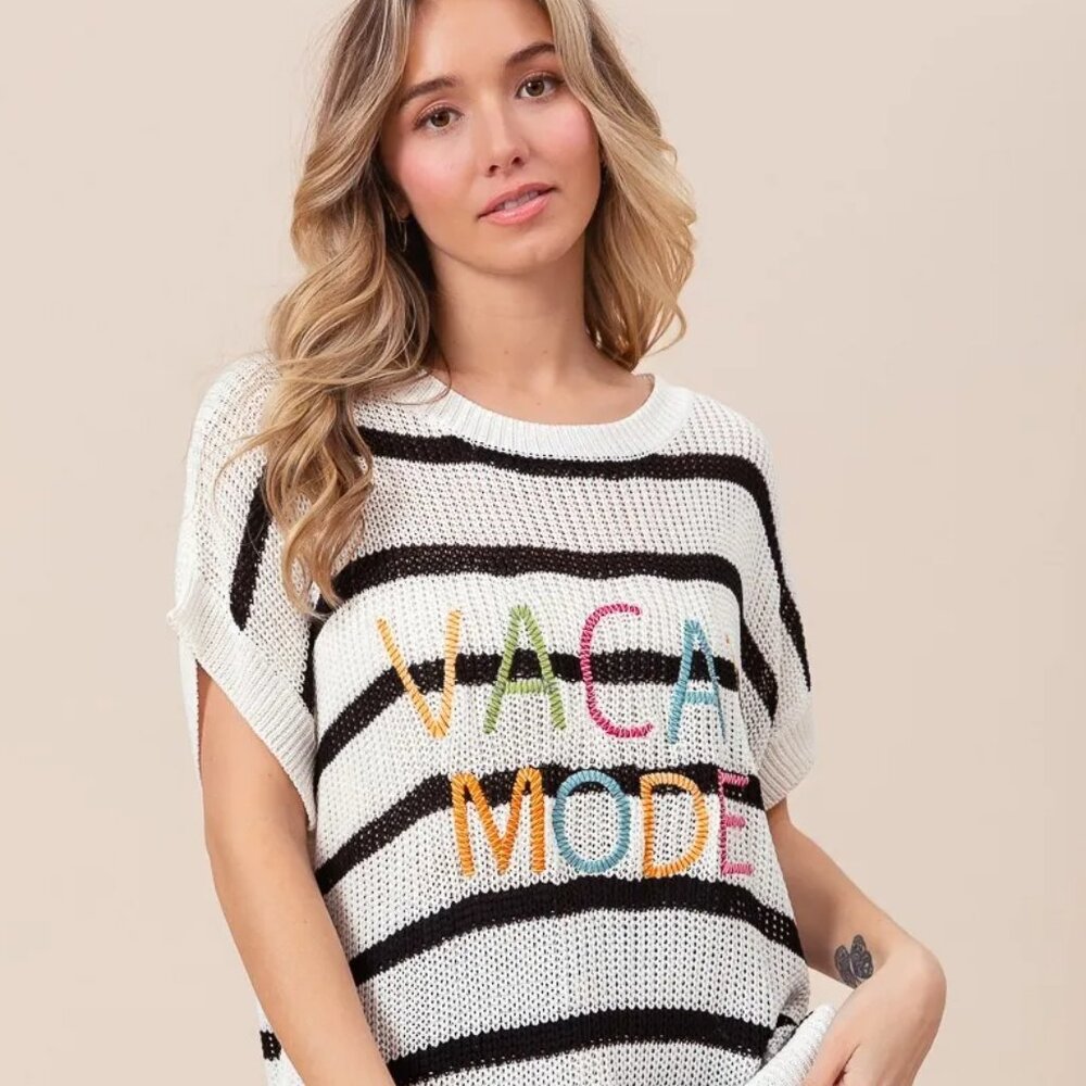 BiBi Vacay‎ Mode Lettering Drop Shoulder Striped Sweater